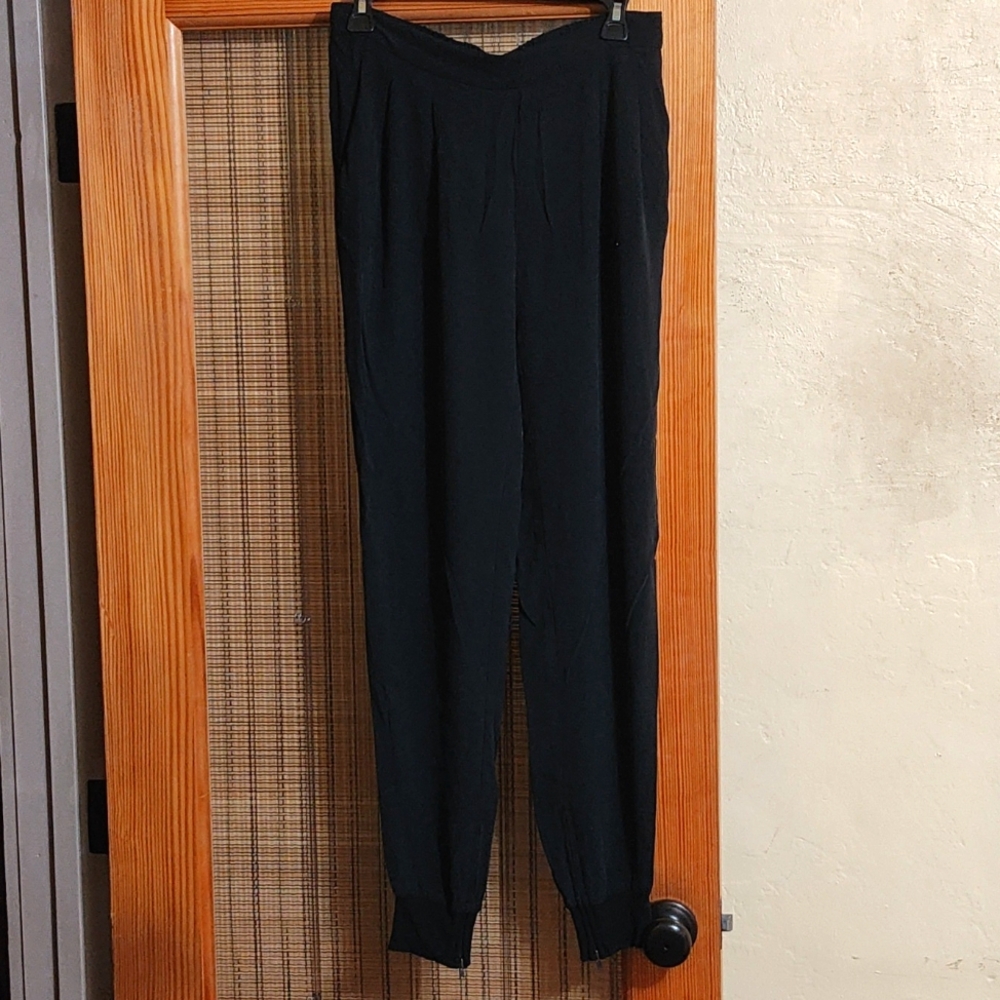 Eileen Fisher Black Silk Joggers Track Pants Stretch Waist Zip Ankle, Size XS